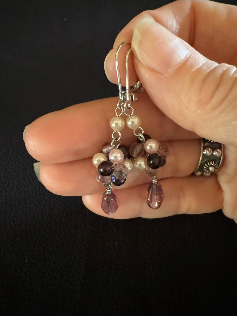 Pearl & Amethyst Bead Cluster Leverback Earrings - Cottagecore